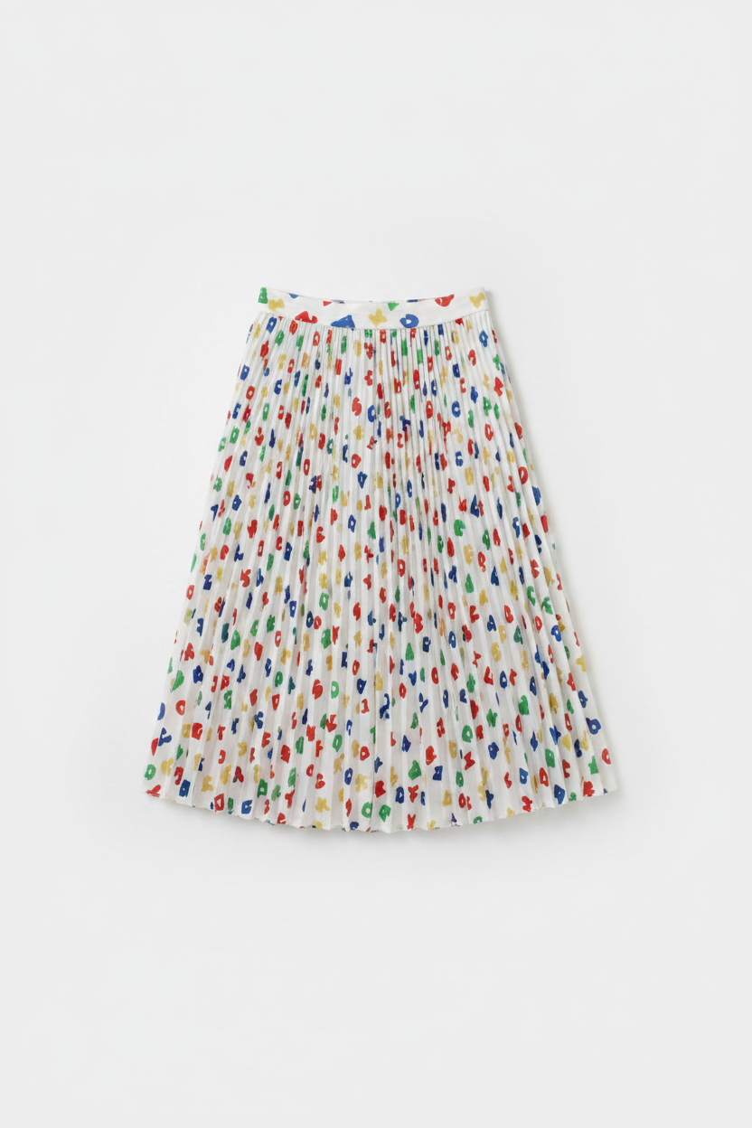 Alphabet pleated midi skirt flat lay on white background