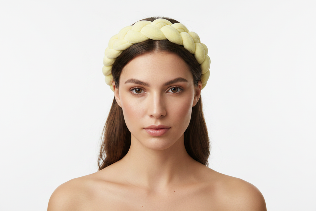 Pale yellow braided headband on model