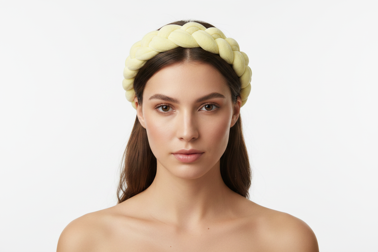 Pale yellow braided headband on model