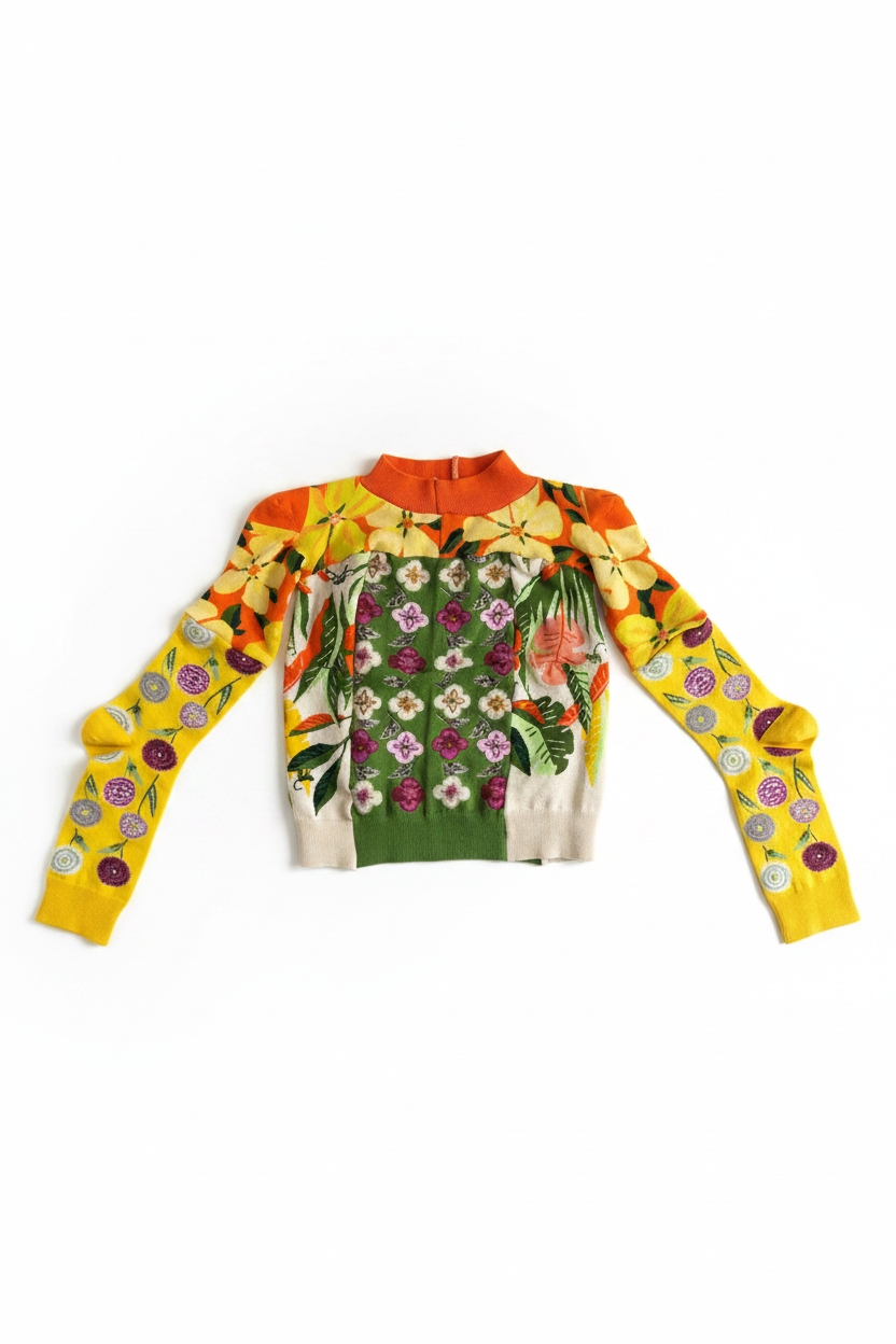 Tropical floral knit jumper flat lay on white background