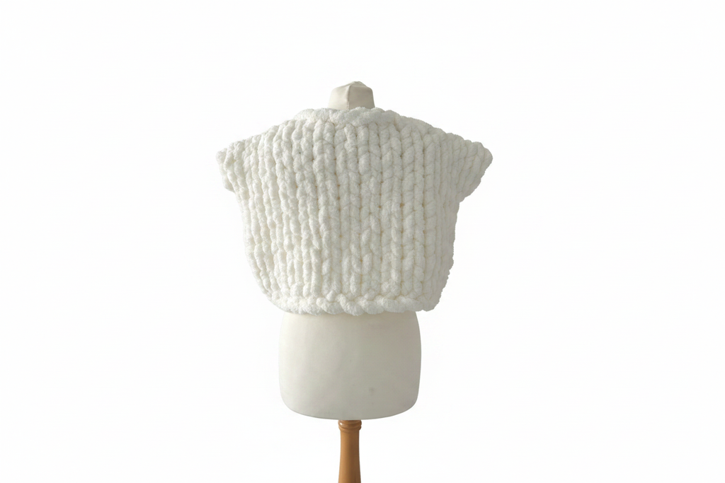 White chunky knit cardigan vest back view on mannequin with white background