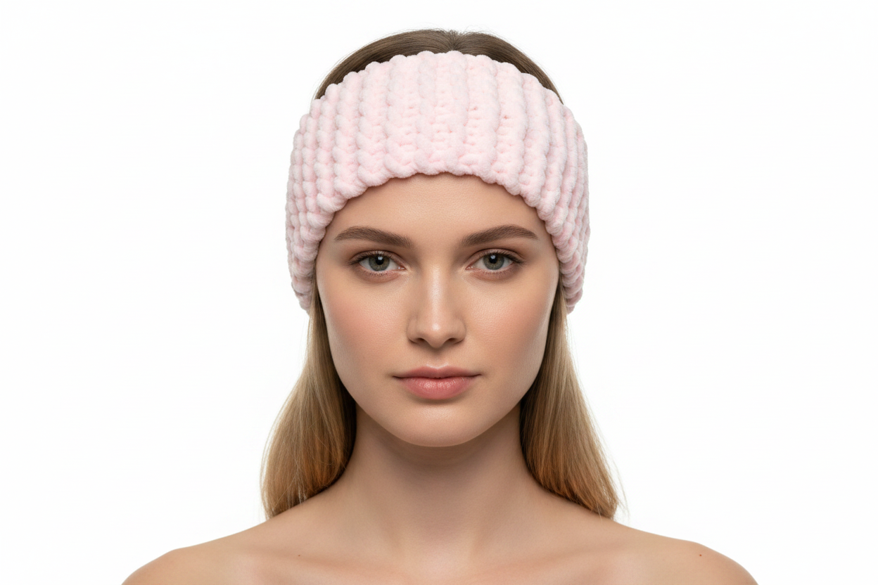 Pink knitted headband on model