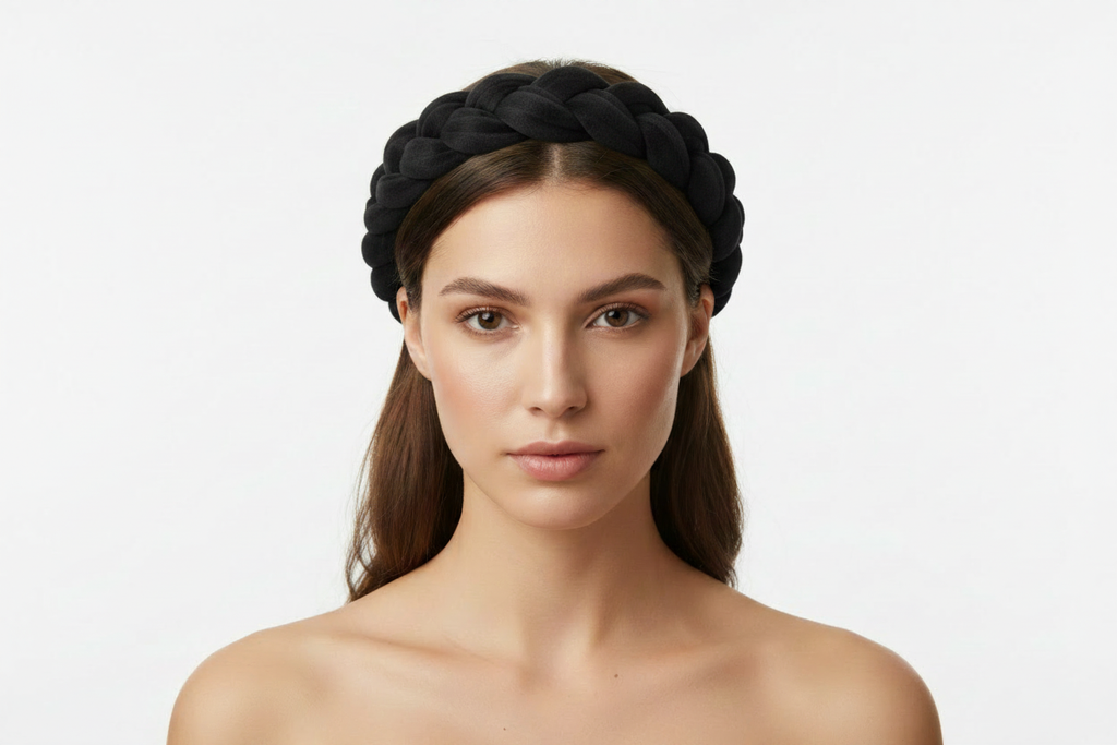 Black braided headband on model - front