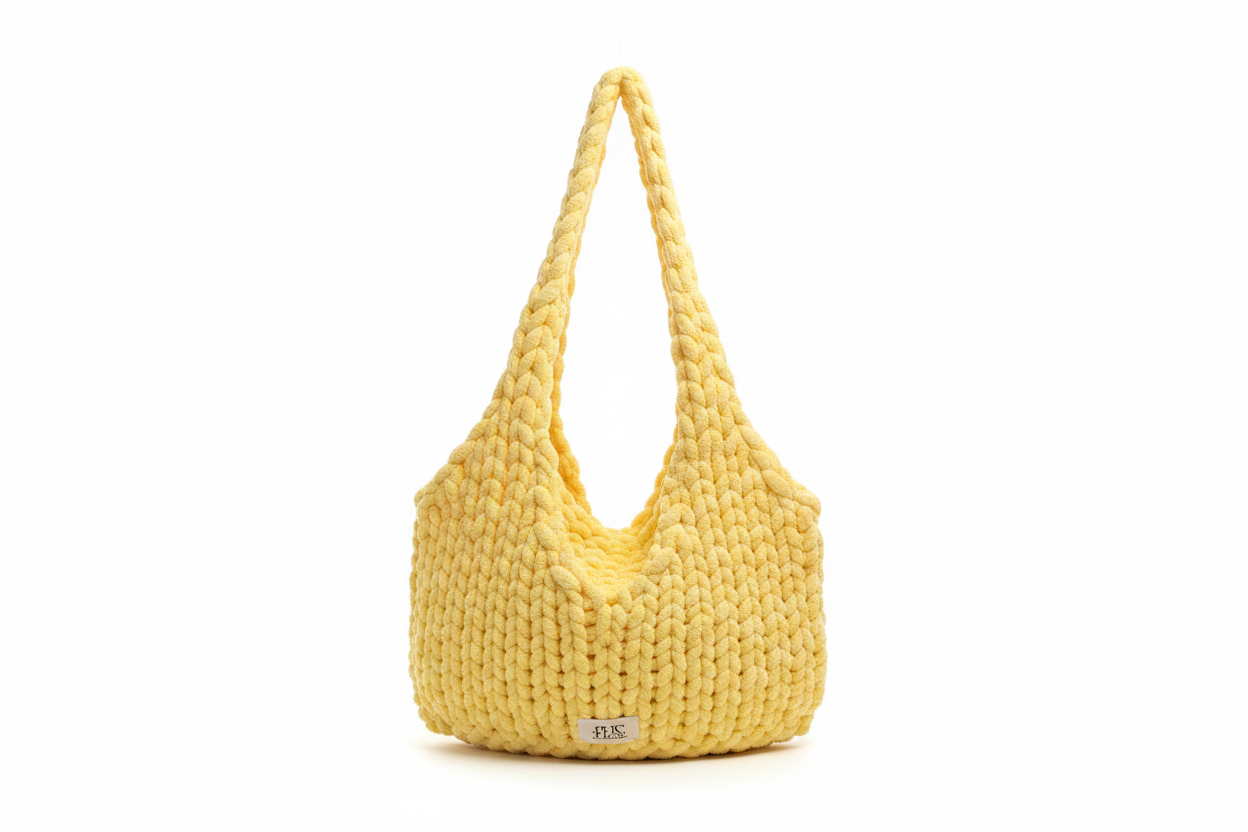 Yellow chunky knit tote bag on plain white background