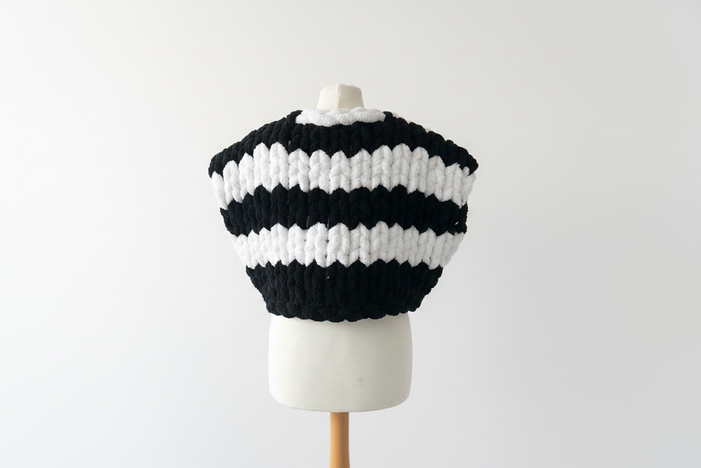 Black and white striped chunky knit cardigan vest back view on mannequin with white background