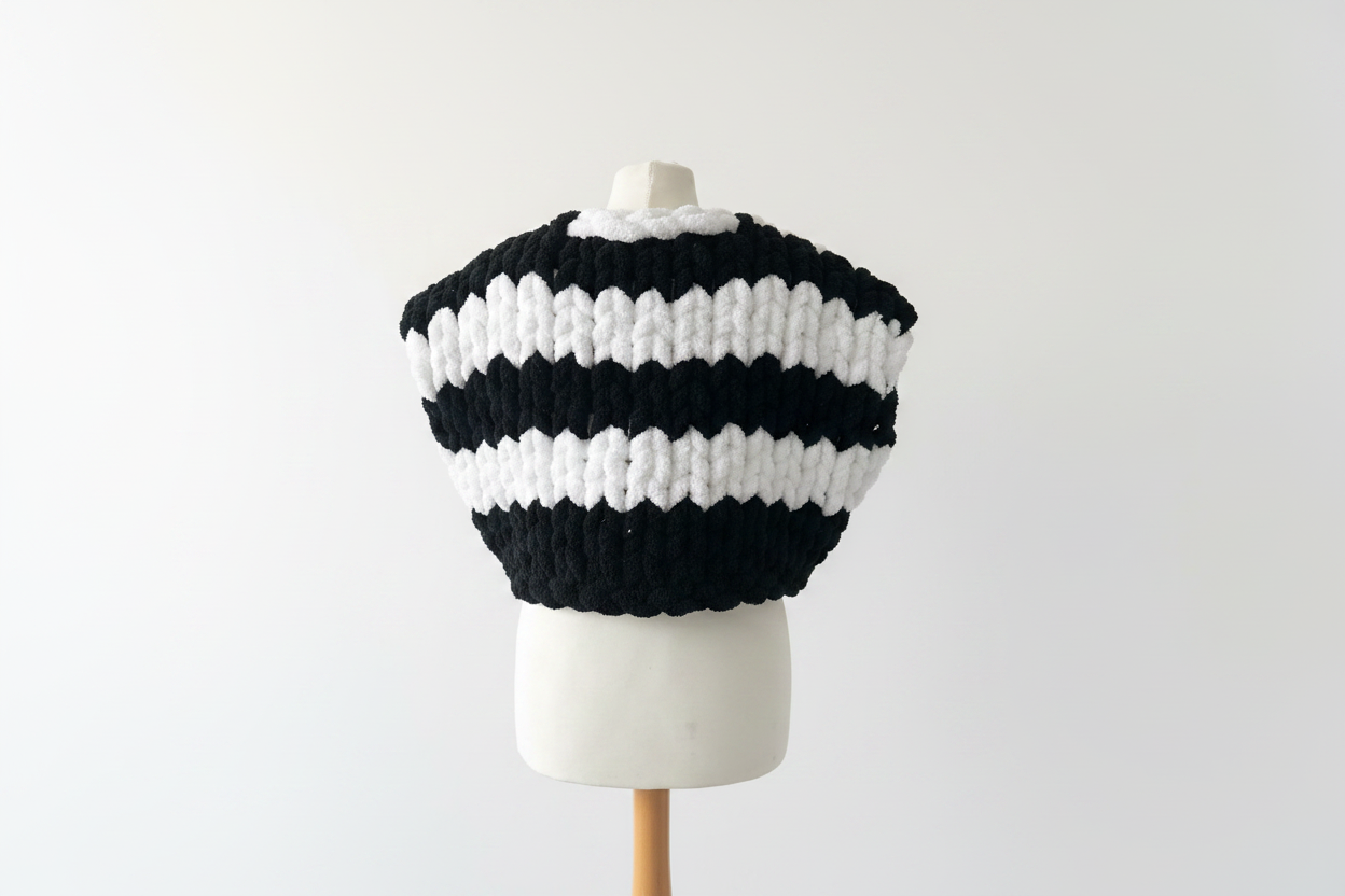 Black and white striped chunky knit cardigan vest back view on mannequin with white background