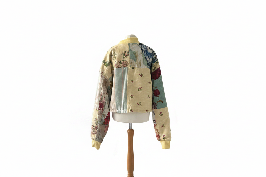 Patchwork floral bomber jacket back view on mannequin with white background