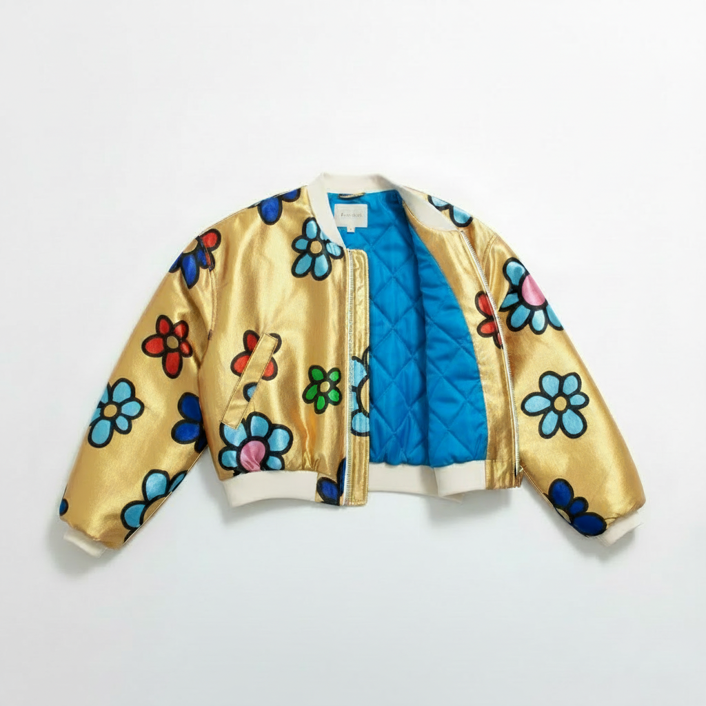 Floral Metallic Bomber Jacket – lay flat with quilted blue lining and Z|R label