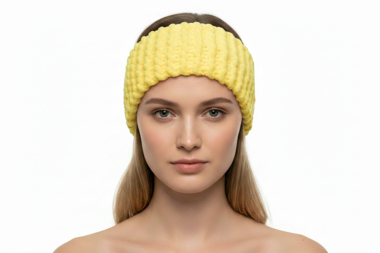 Yellow knitted headband on model