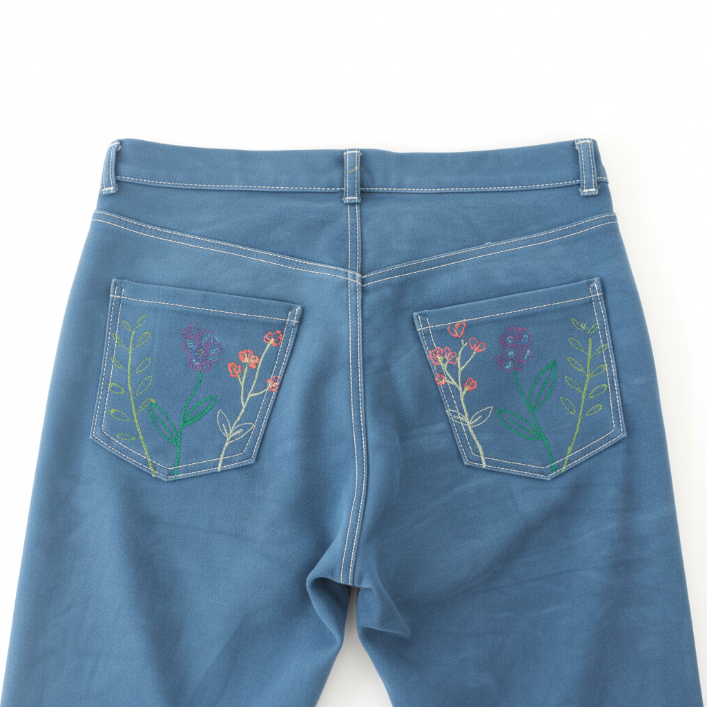 Close-up of floral embroidery on back pockets of flared jeans
