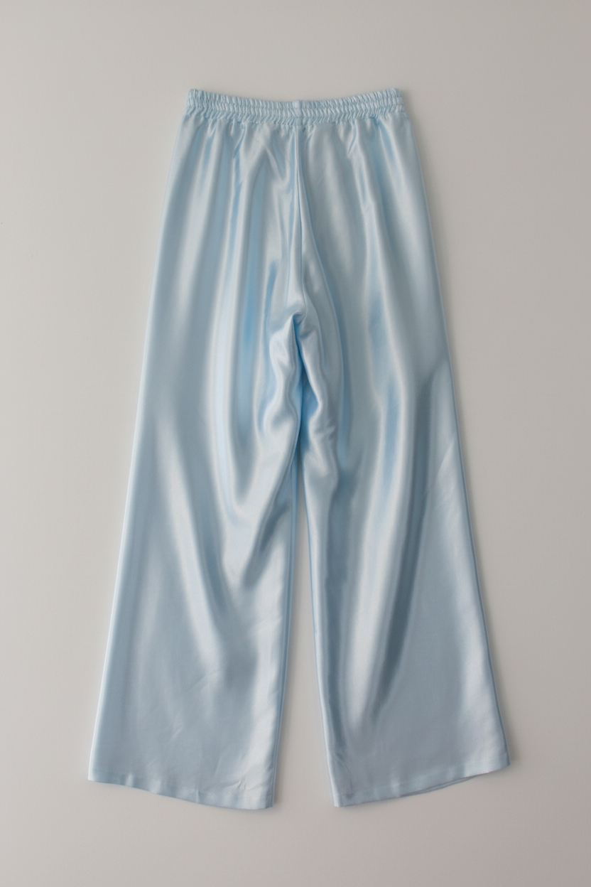 Lay flat back view of pale blue satin wide-leg trousers