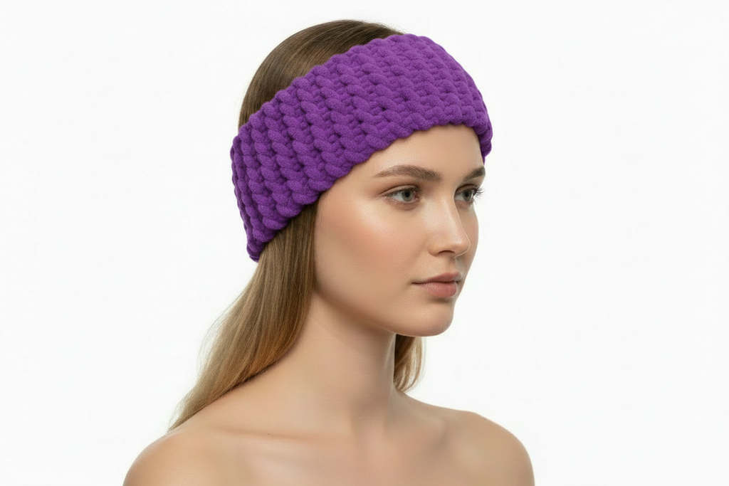 Purple knitted headband on model - side angle