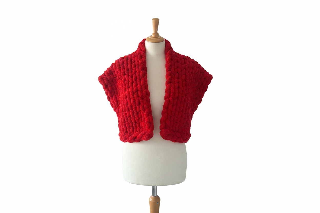 Red chunky knit open cardigan vest on mannequin with white background