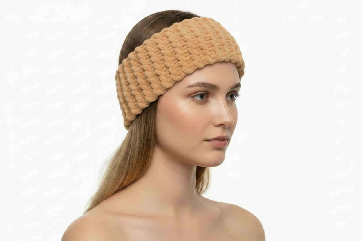 Camel knitted headband on model - side angle