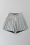 Lay flat image of silver metallic pleated shorts