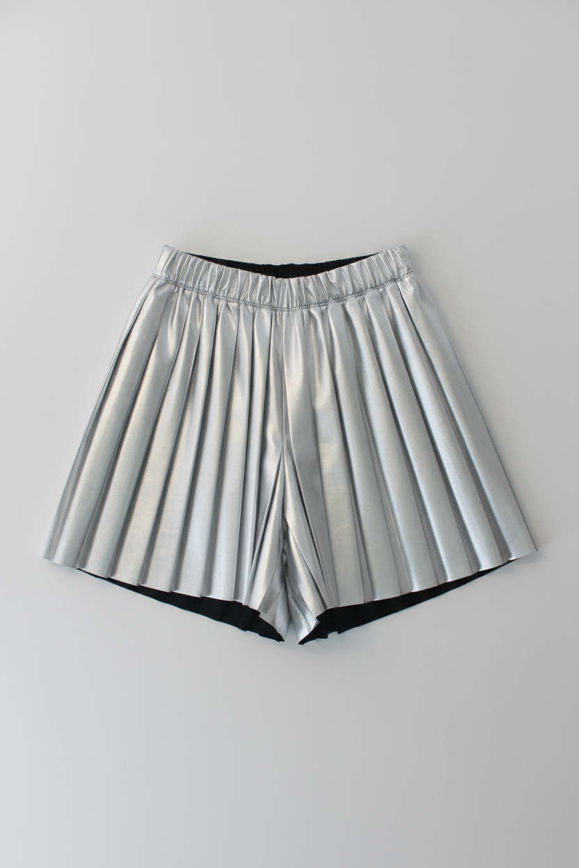 Lay flat image of silver metallic pleated shorts