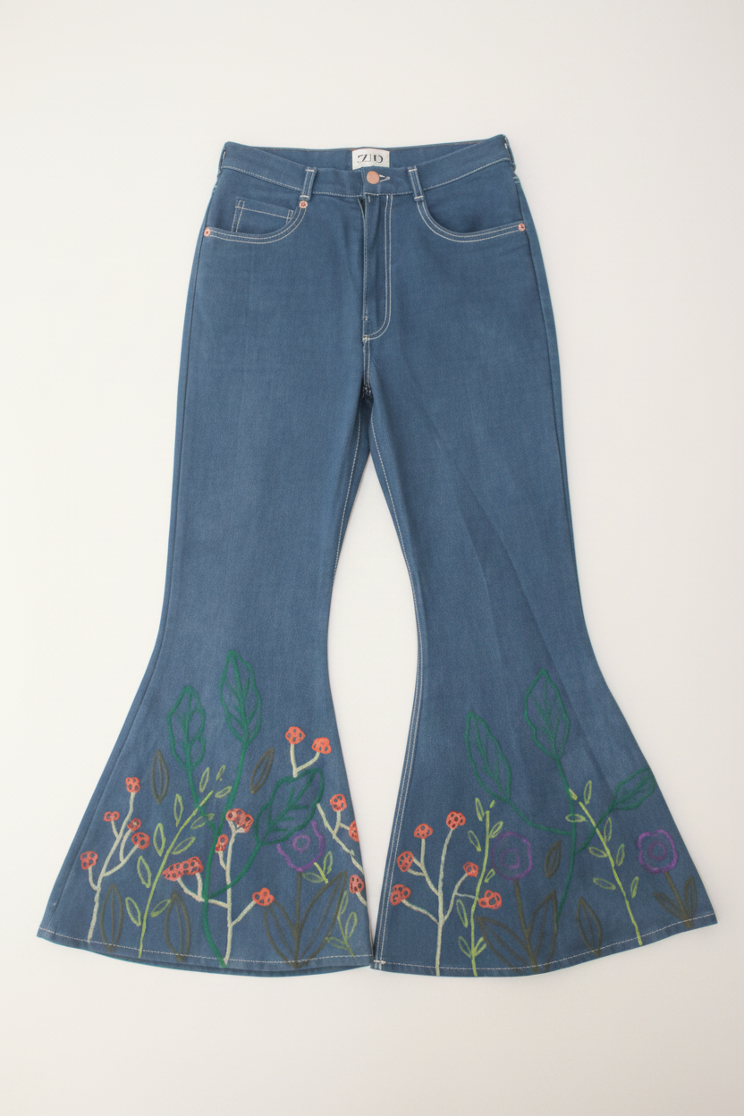 Lay flat image of floral flared jeans