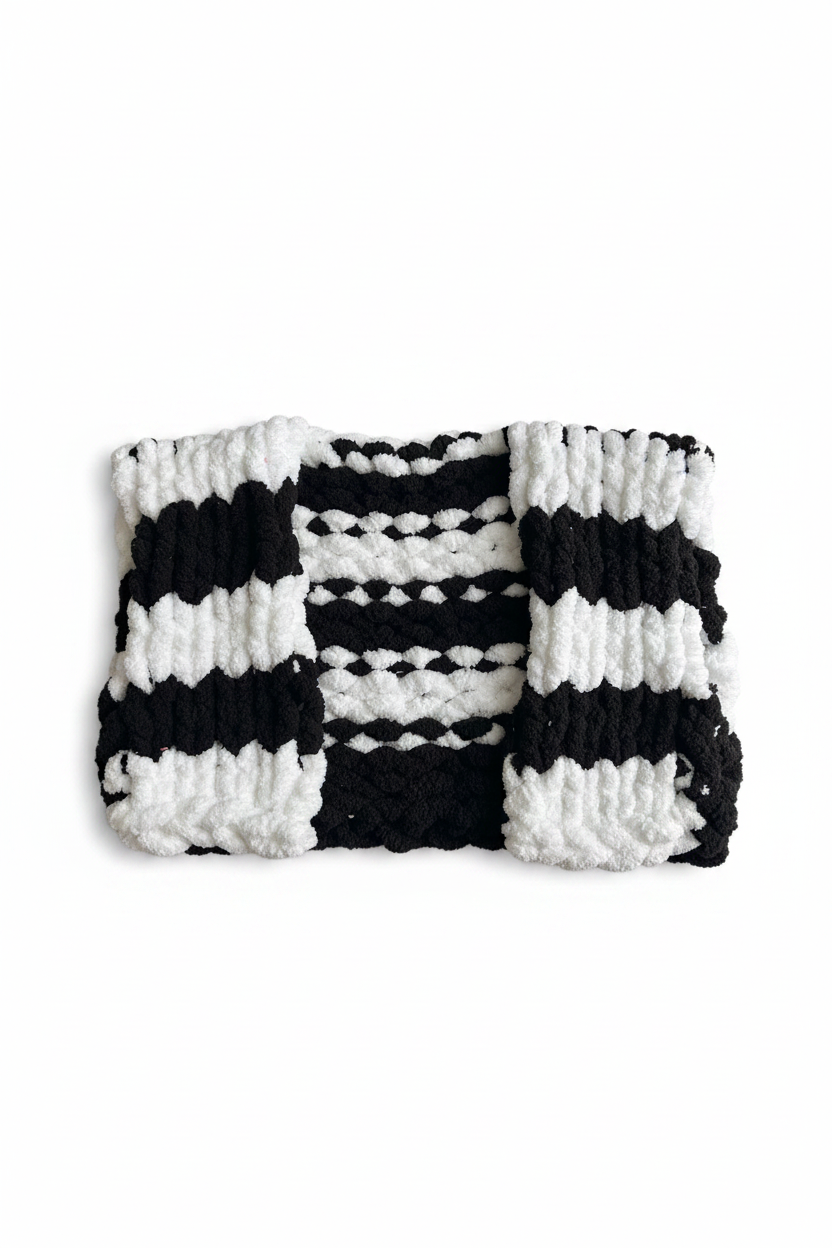 Chunky knit black and white striped sweater flat lay on white background