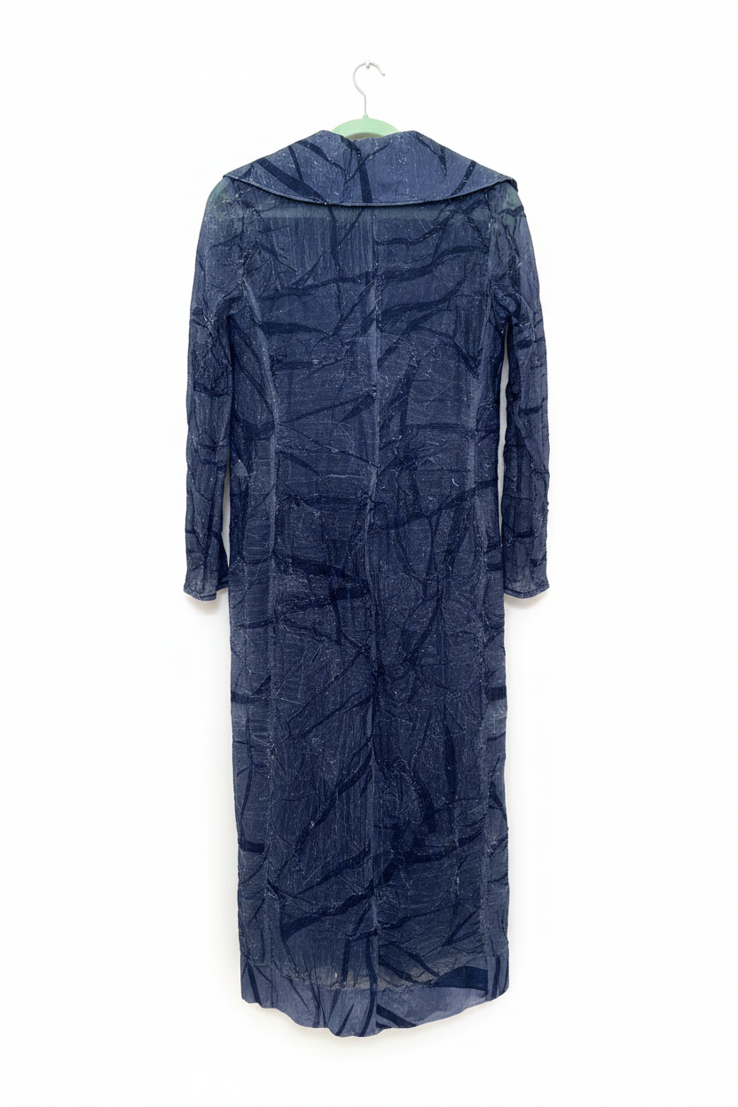 Navy crinkle iridescent maxi coat back view on white background