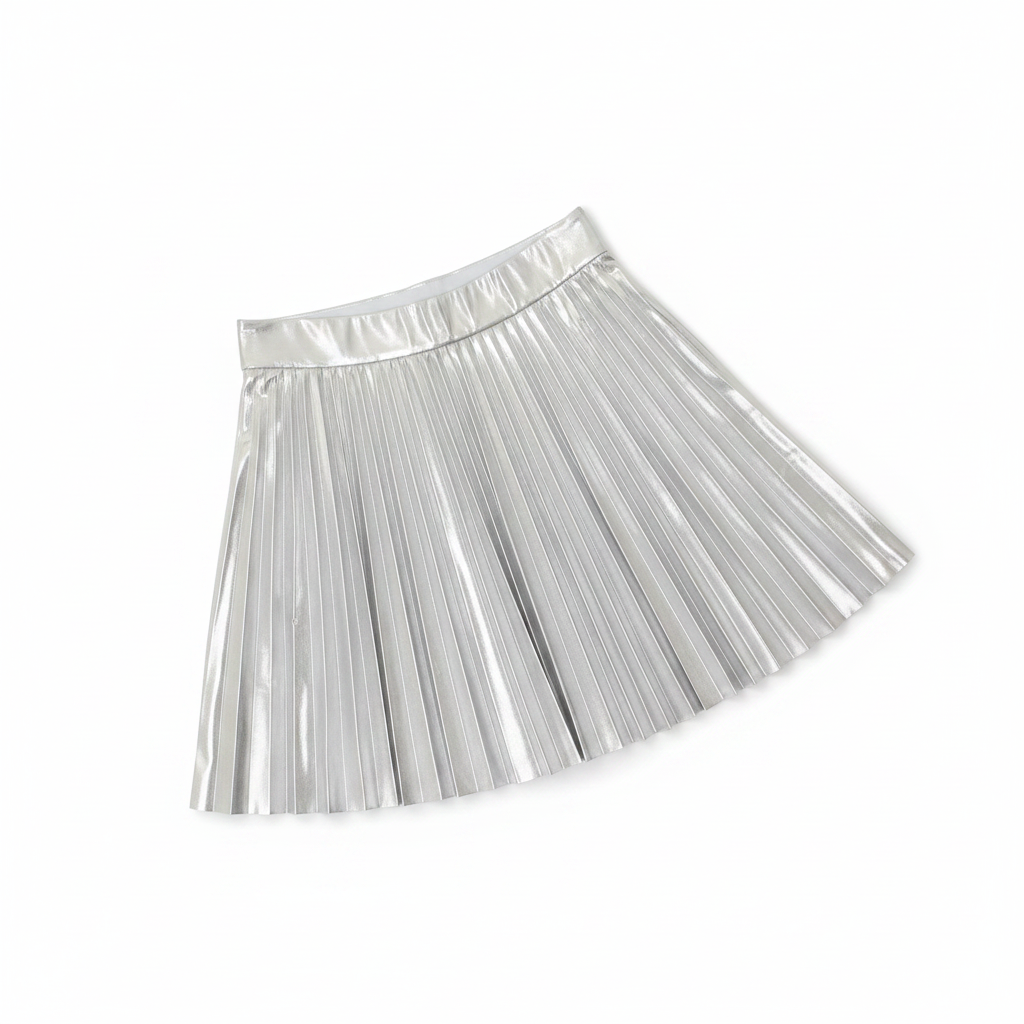 Silver Metallic Pleated Mini Skirt styled flat lay on white background