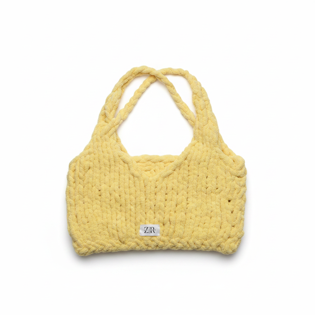 Yellow chunky knit crochet shoulder bag on white background