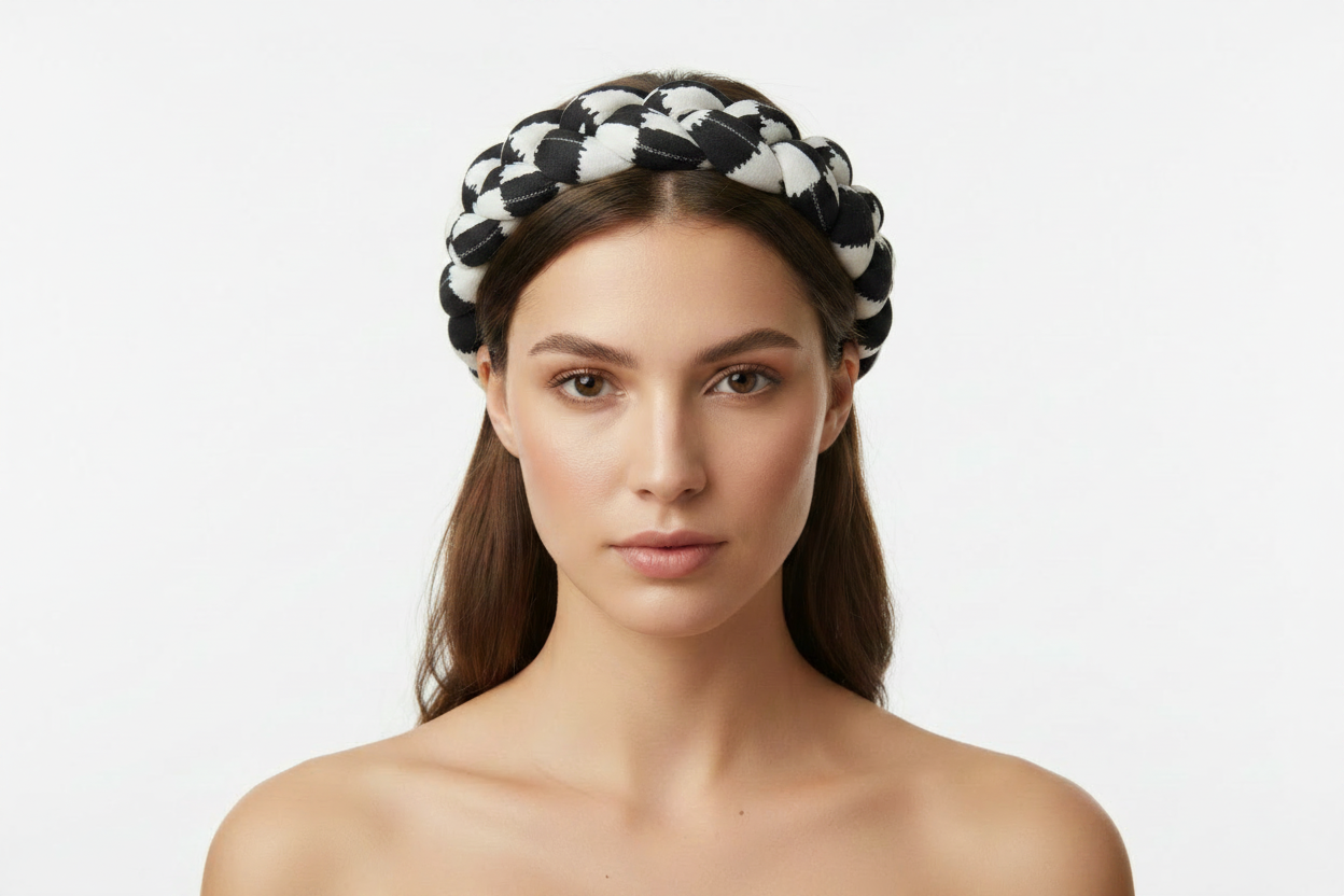 Black and white braided headband on model - front