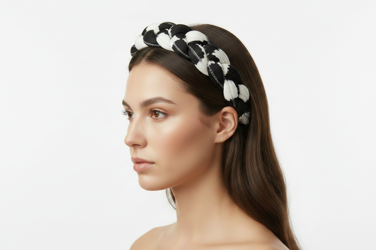 Black and white braided headband on model - side angle