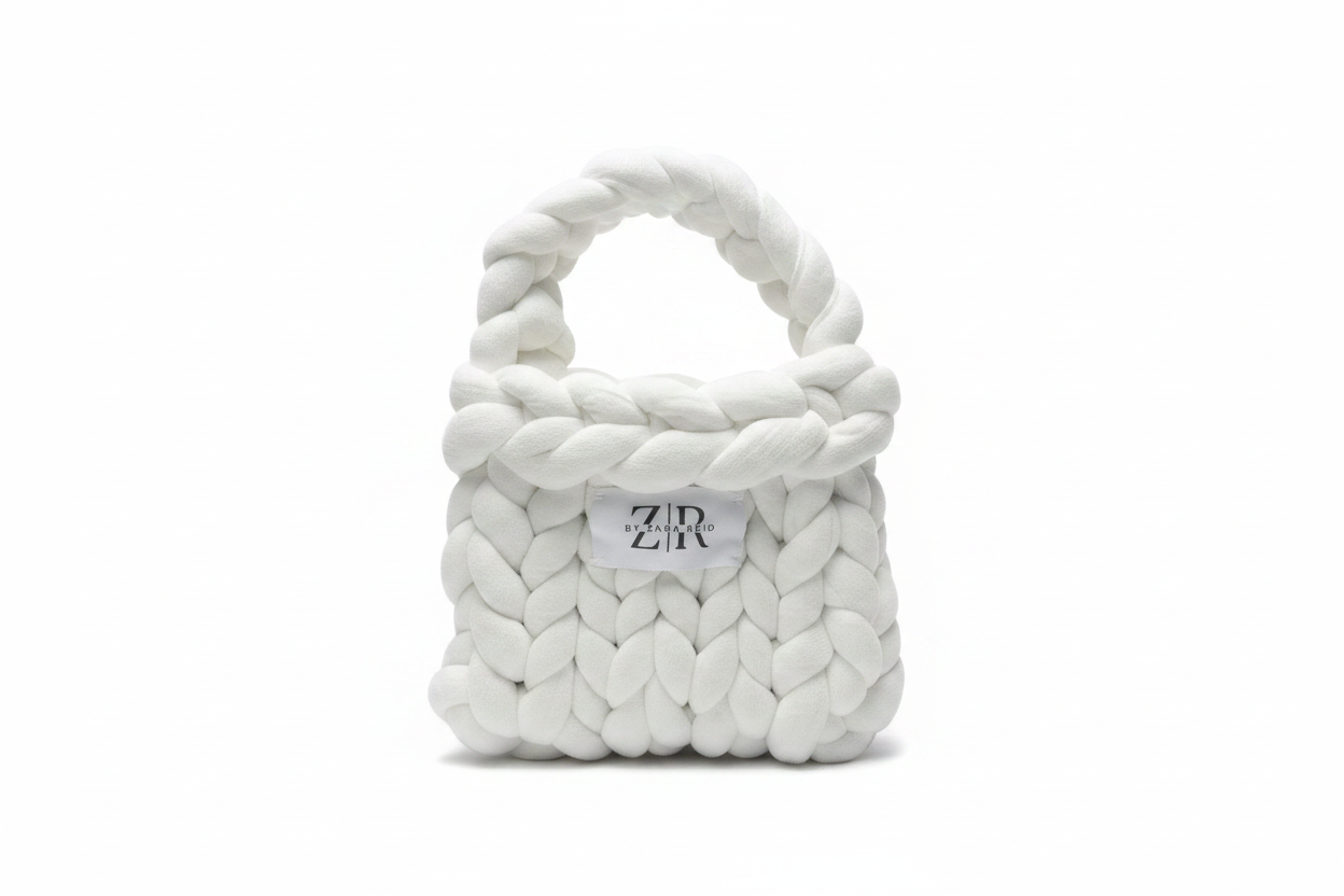 White chunky knit braided bag on white background