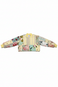 Patchwork floral cropped bomber jacket flat lay on white background