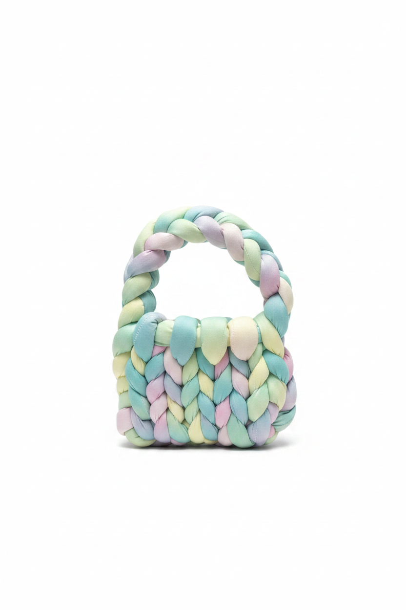 Braided pastel knit bag on white background