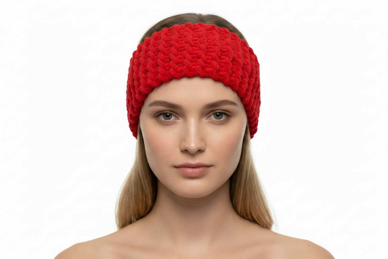 Red knitted headband on model