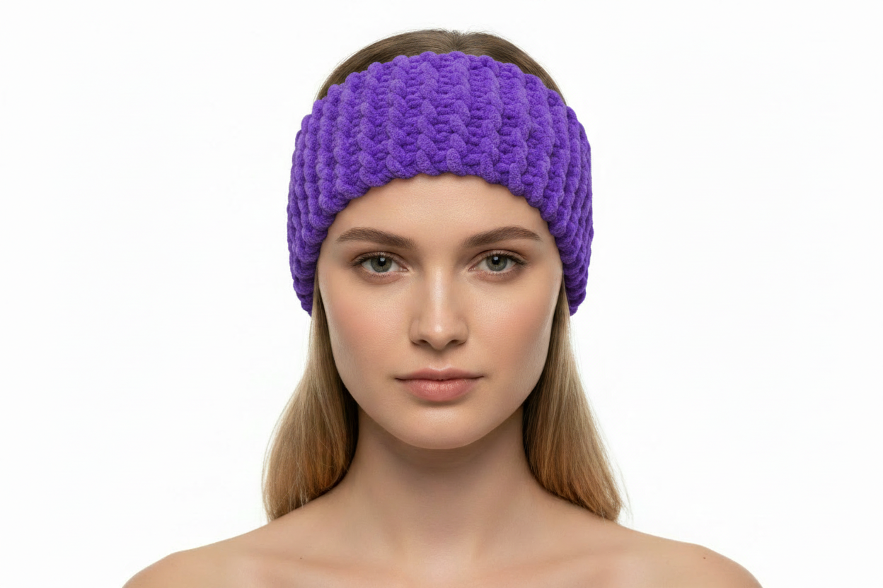 Purple knitted headband on model