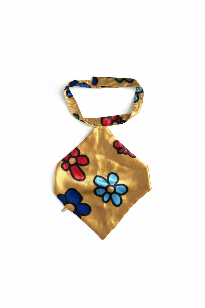 Gold satin floral necktie halter top flat lay on white background
