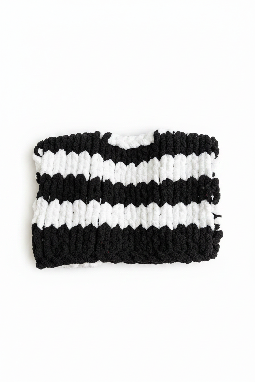 Chunky knit black and white striped sweater flat lay on white background