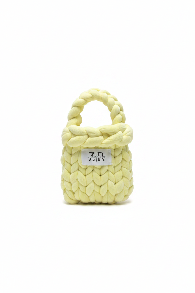 Yellow chunky braided knit bag upright with Z|R label on white background