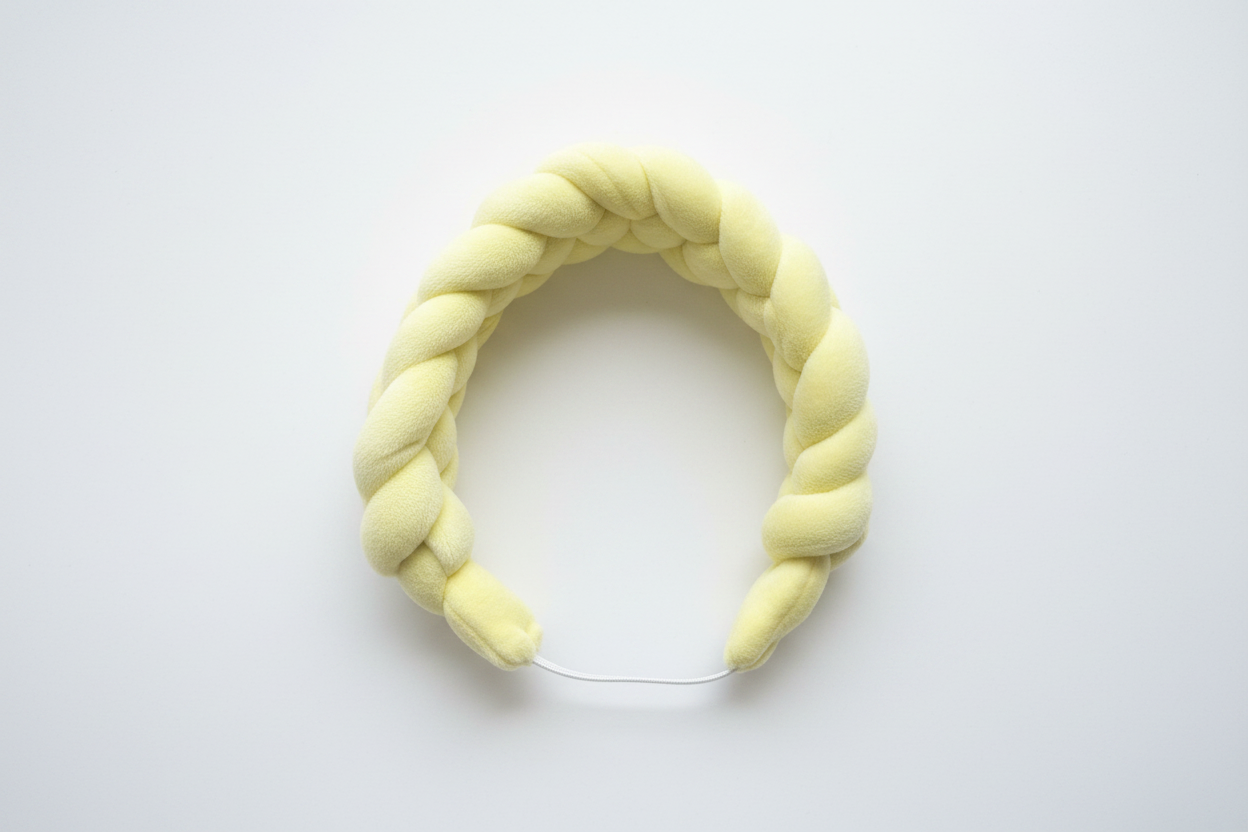 Pale yellow braided headband flat lay on white background