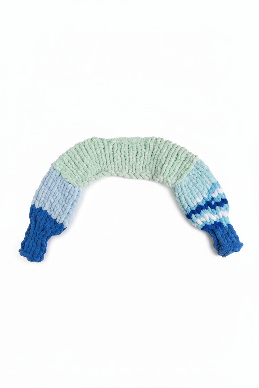 Chunky knit blue ombre sweater arch flat lay on white background
