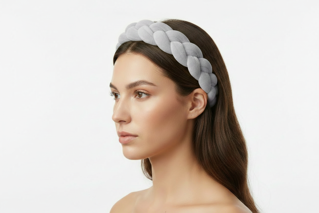 Grey braided headband on model - side angle