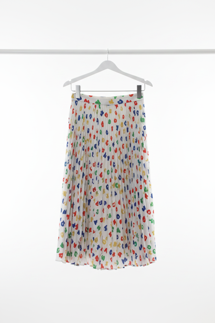 Alphabet pleated midi skirt on white hanger against white background
