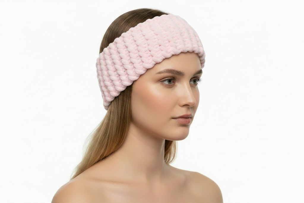Blush pink knitted headband on model - side angle