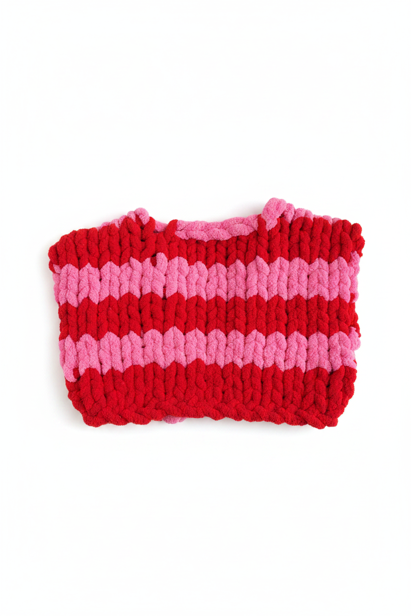 Chunky knit pink and red striped sweater flat lay on white background