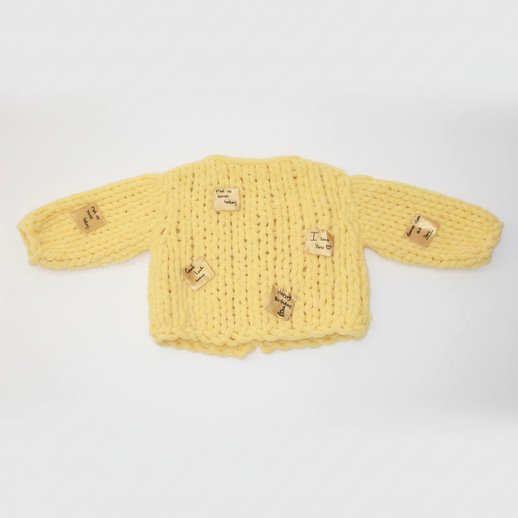 Post It Note Cardigan back view lay flat on white background