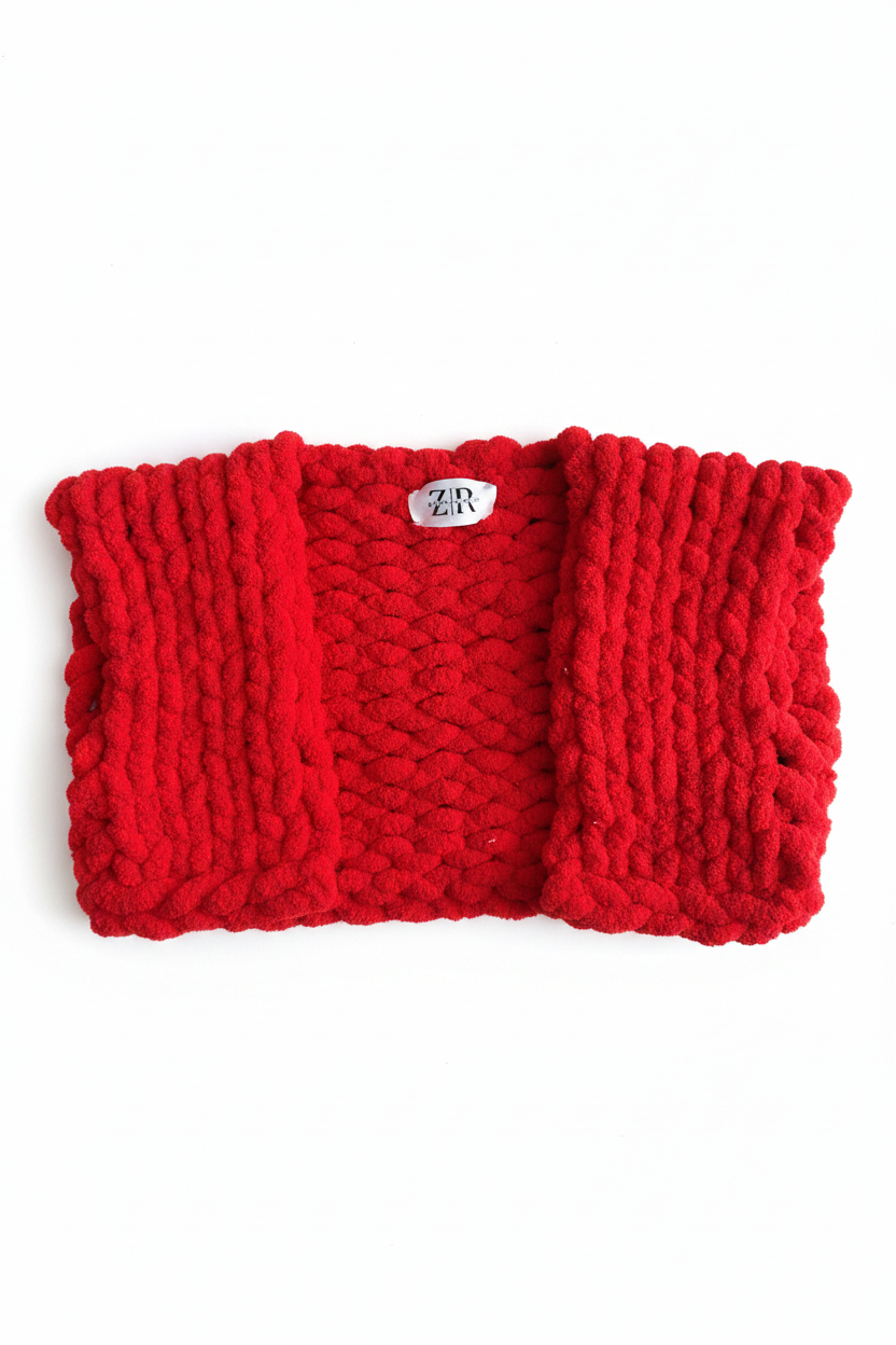 Chunky knit solid red sweater flat lay on white background