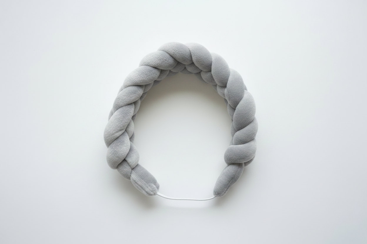 Grey braided headband flat lay on white background