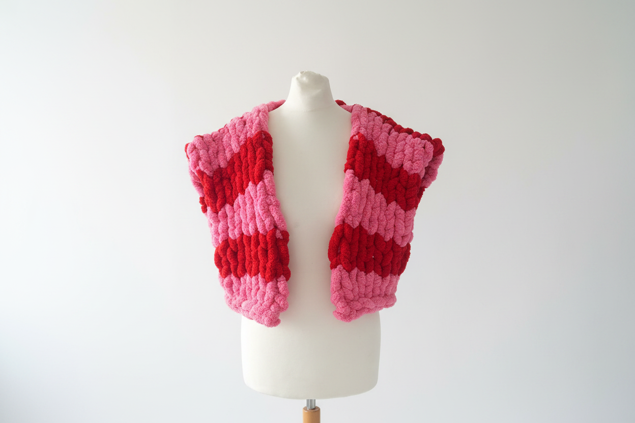 Pink and red striped chunky knit open cardigan vest on mannequin with white background