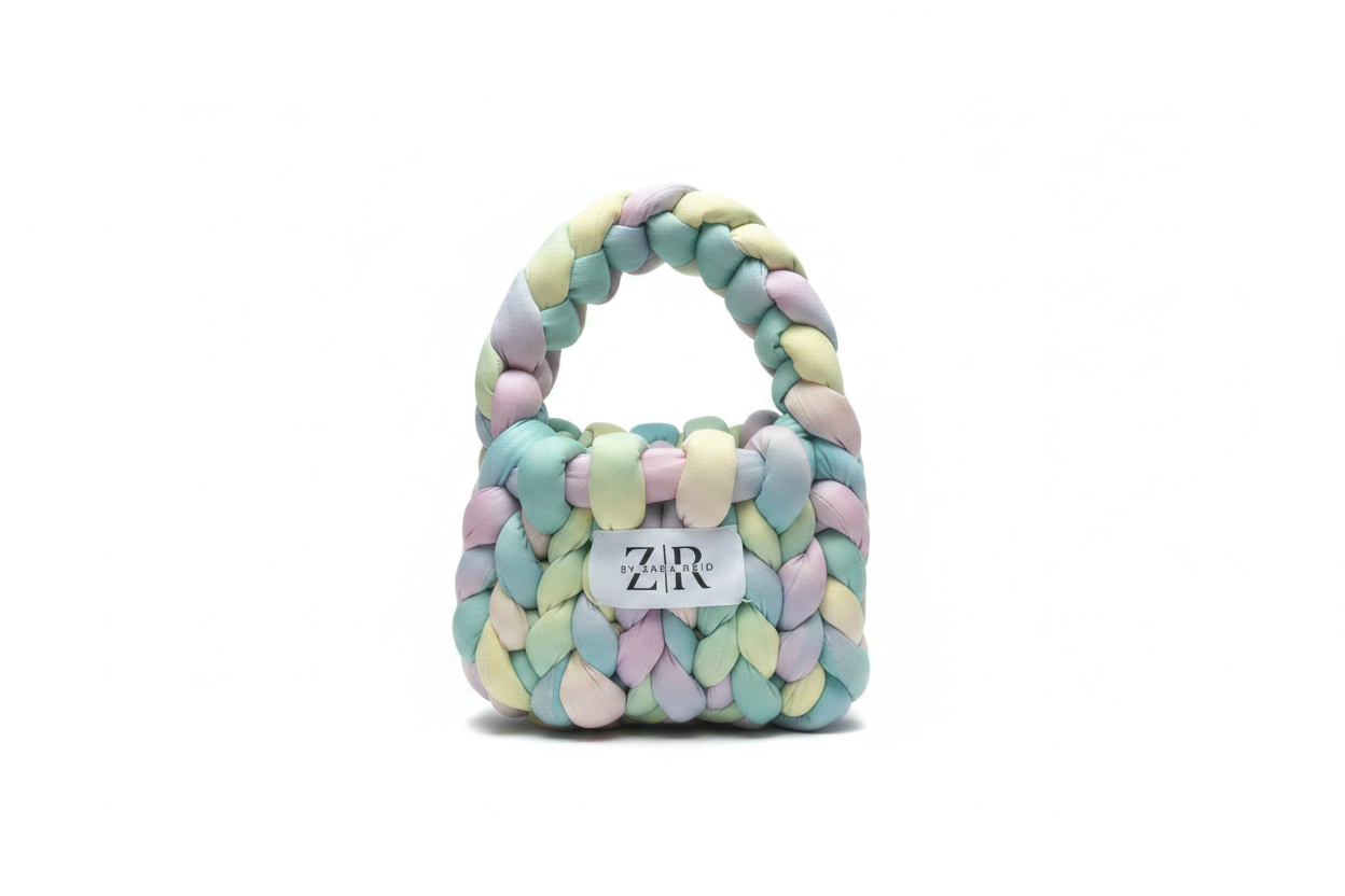 Pastel multicolour chunky braided bag - front view on white background