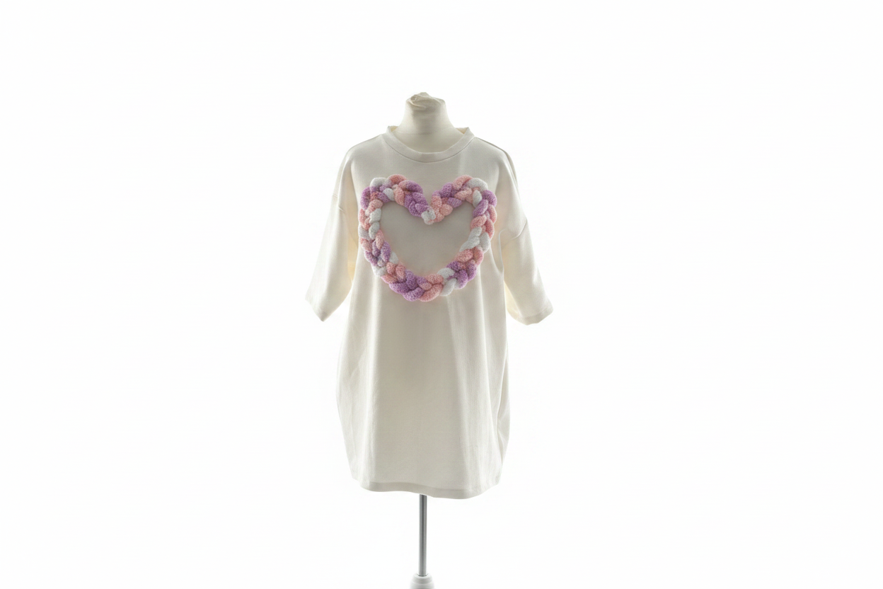 Cream oversized t-shirt with braided yarn heart appliqué on mannequin with white background