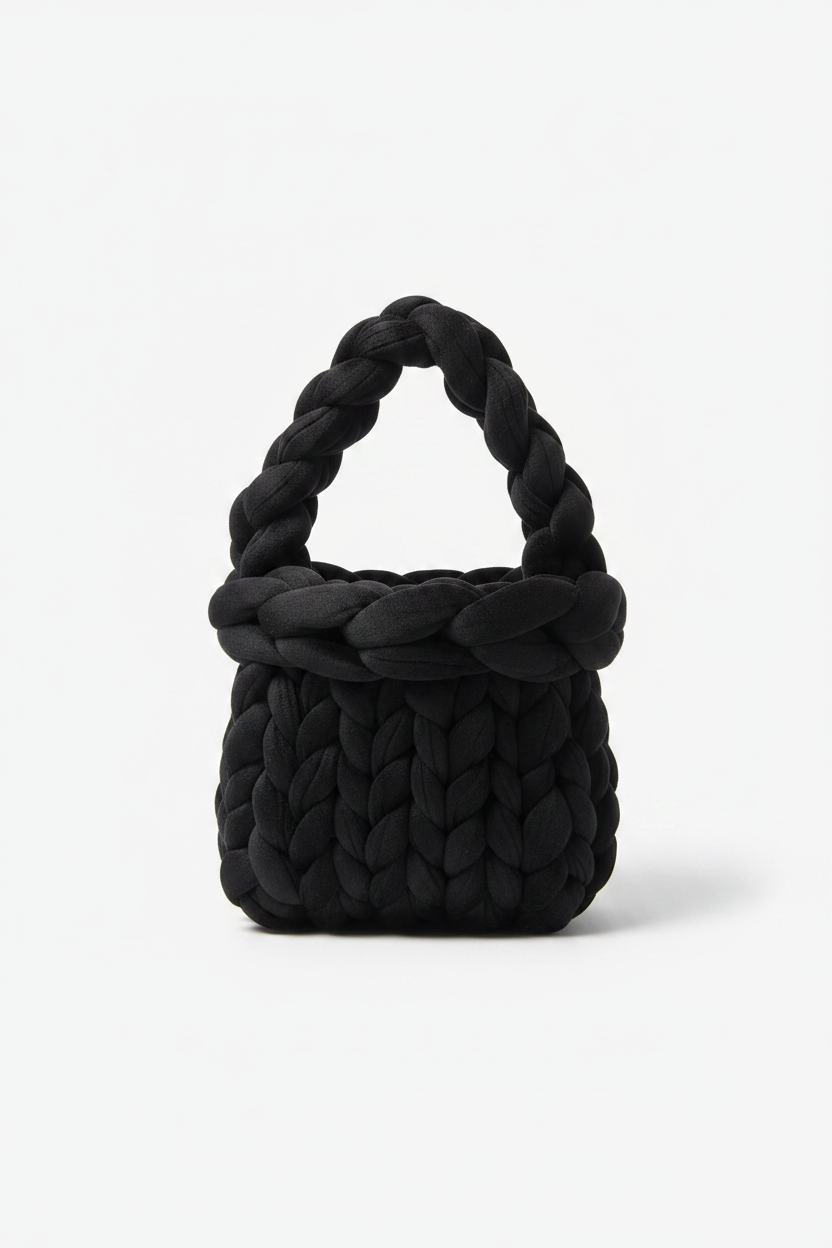 Black chunky braided knit bag open top view on white background