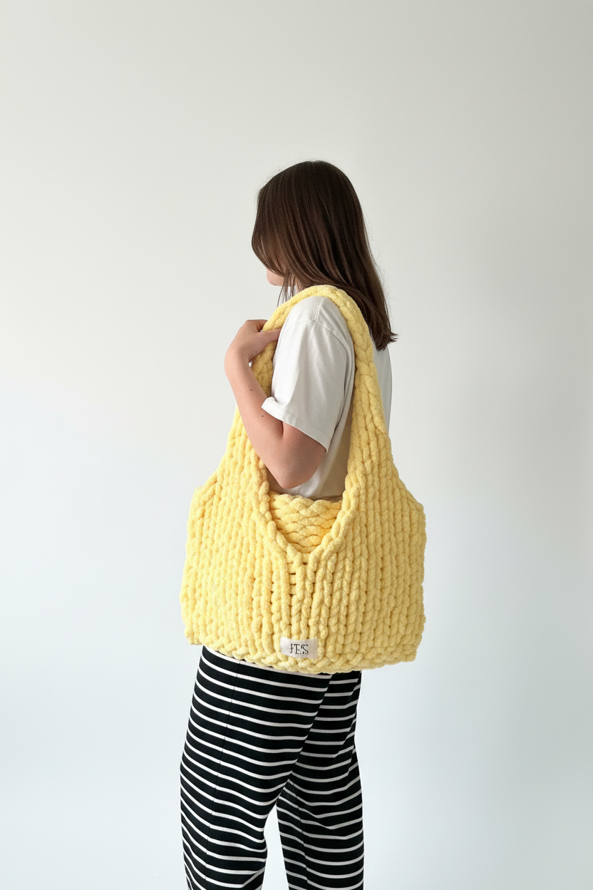 Yellow chunky knit tote bag on white background