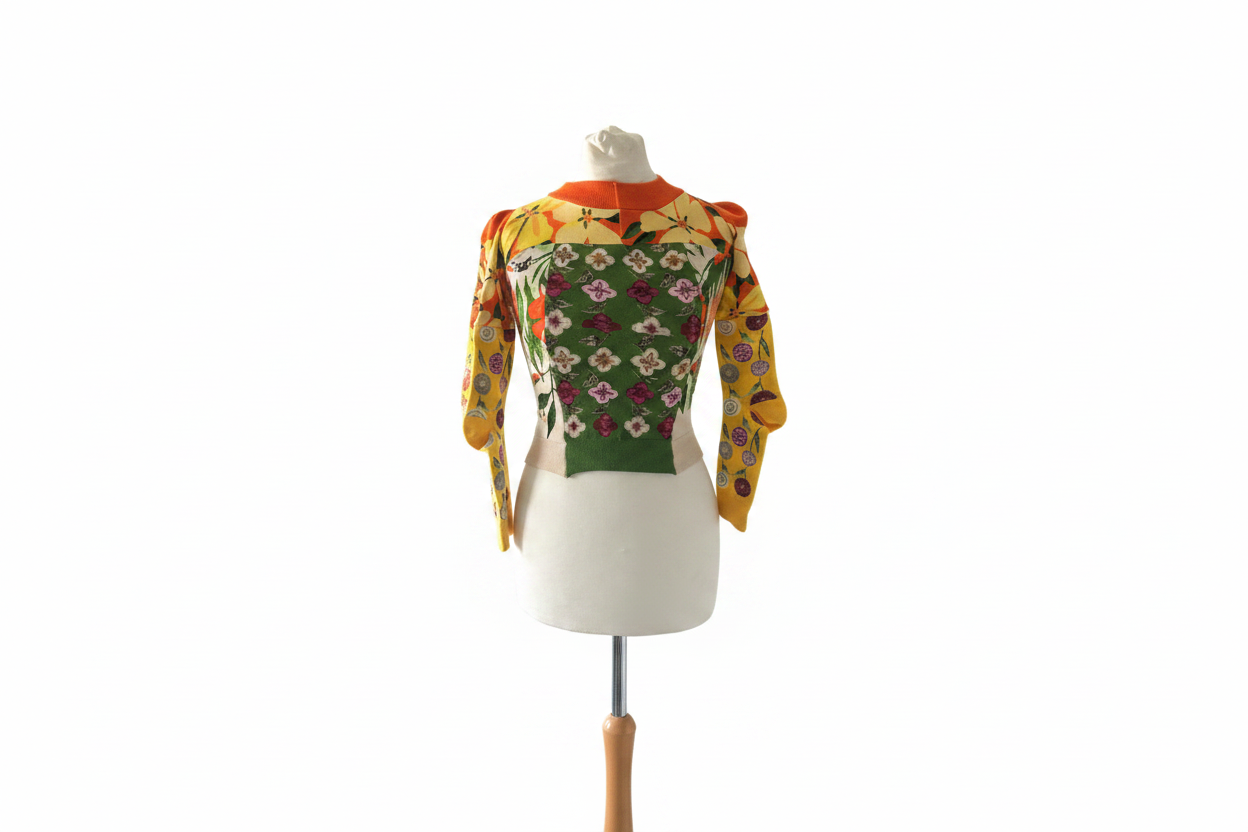 Vibrant patchwork floral knit crop top with puff shoulders on mannequin with white background